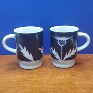 VTG Blue Pedestal Coffee Mugs Pair • Etched White Floral Footed Cups- Embossed